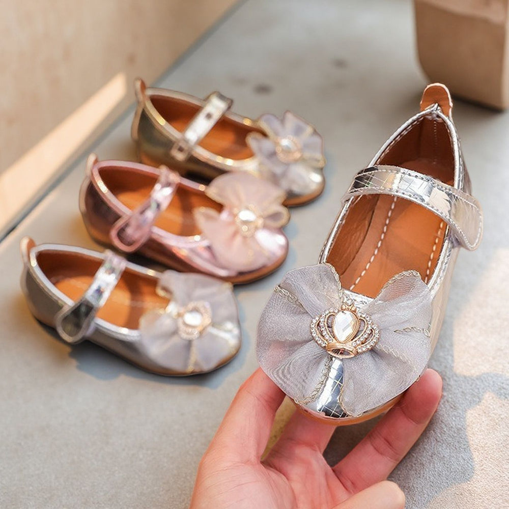 Girls'  spring new bowknot soft sole princess leather shoes for mid-to-large children - wholesale magic tape closure kids' shoes (direct from manufacturer)