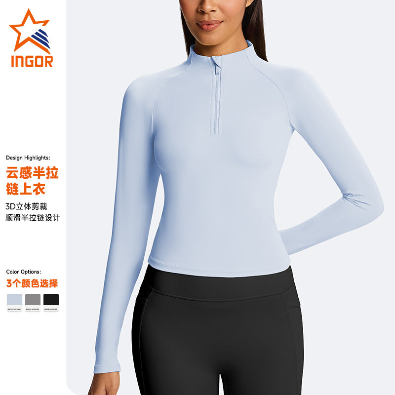 Jinke fall and winter stand-up collar yoga clothes running slimming looklong sleeves half-zip sports tops women's silm elastic fitness clothes