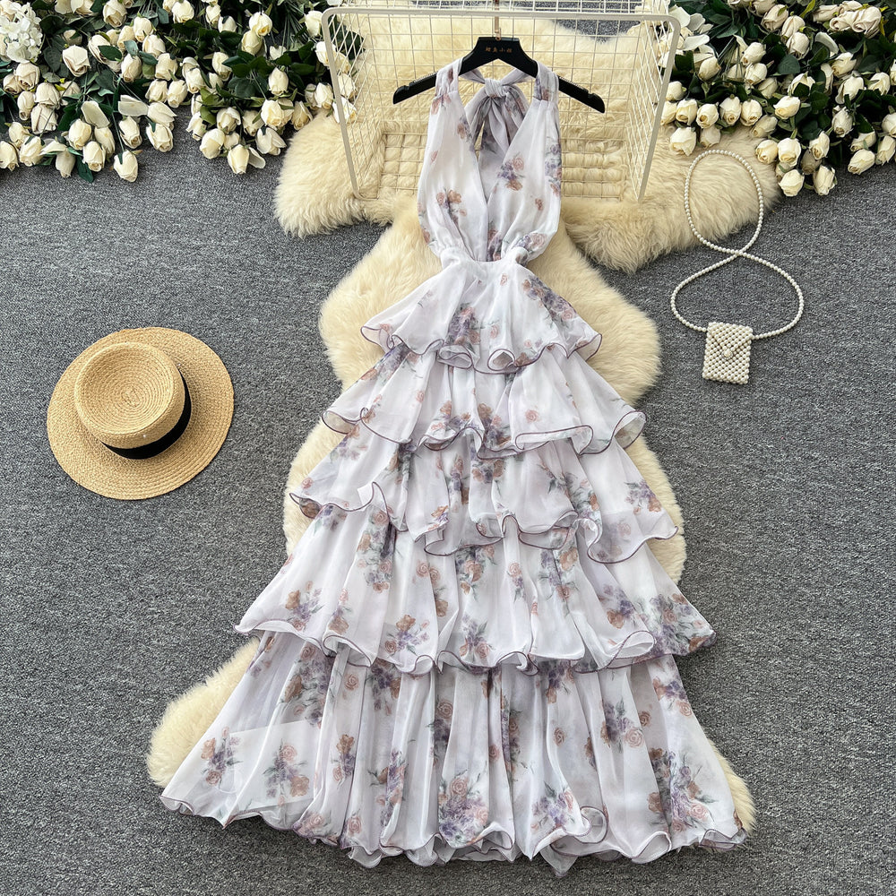 Frenchromantic style v neckhalter floral dress women's summer sleeveless backless layered ruffles cake skirt slimming look