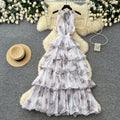 Frenchromantic style v neckhalter floral dress women's summer sleeveless backless layered ruffles cake skirt slimming look