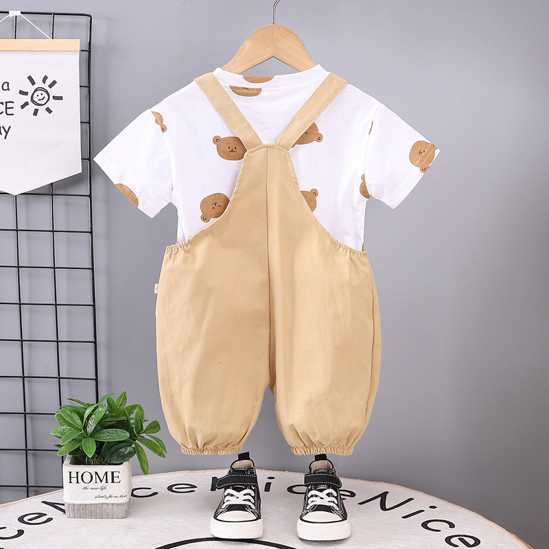 Children's summer overalls two-piece set for boys and girls, 0-5 years old, all-over print crew neck short sleeve outfit