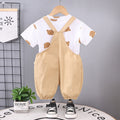 Children's summer overalls two-piece set for boys and girls, 0-5 years old, all-over print crew neck short sleeve outfit