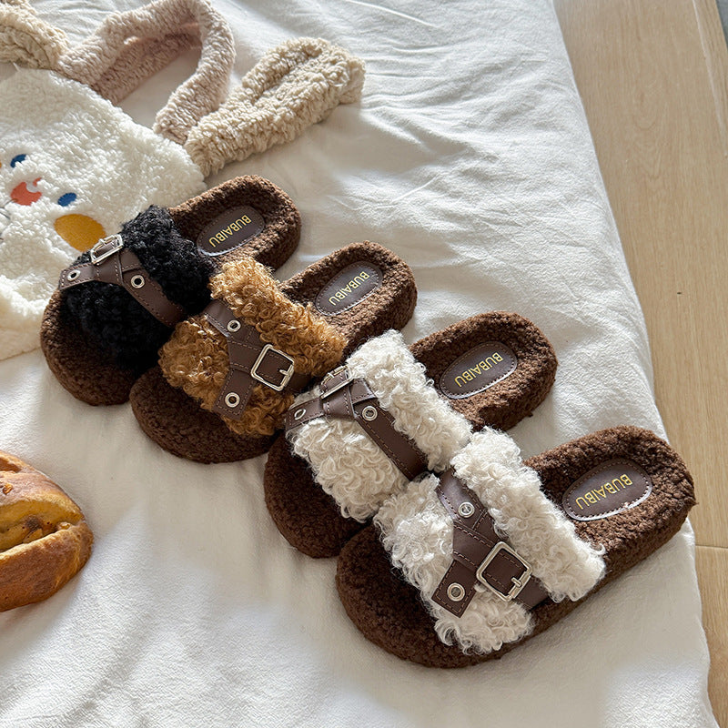 Teddy curl thick sole furry slippers outwear new arrivalfall and winter belt buckle home stuffed cotton slippers women's loafers