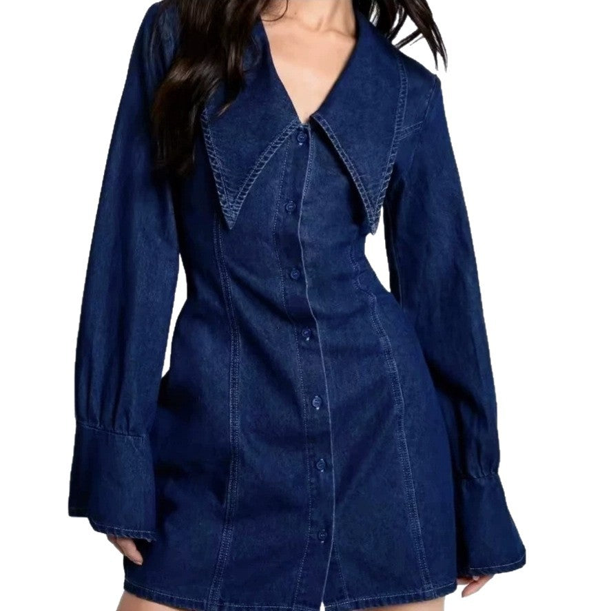 Amazon foreign trade cross-border fashion new women's solid color round neck long sleeve bodycon denim dress - elegant style