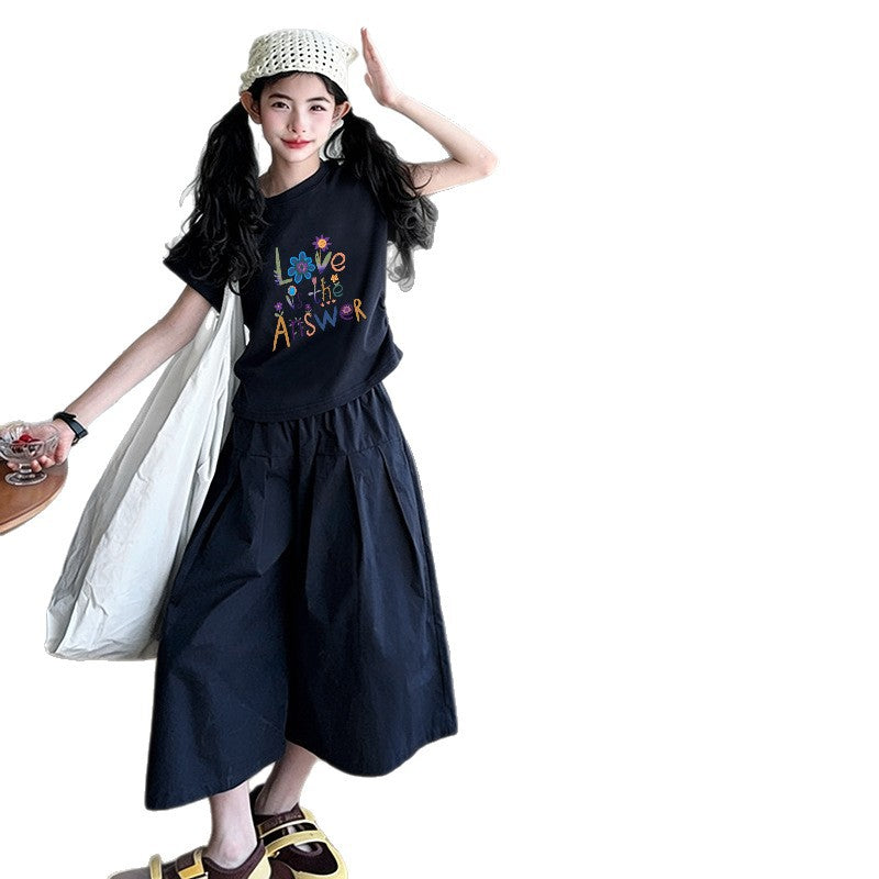 Girls' summer outfit set : new stylish summer two-piece set for older girls and children - cropped wide-leg pants
