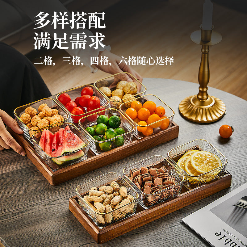 Walnut wood fruit bowl snack storage box - premium glass dried fruit dish - coffee table dessert & candy organizer