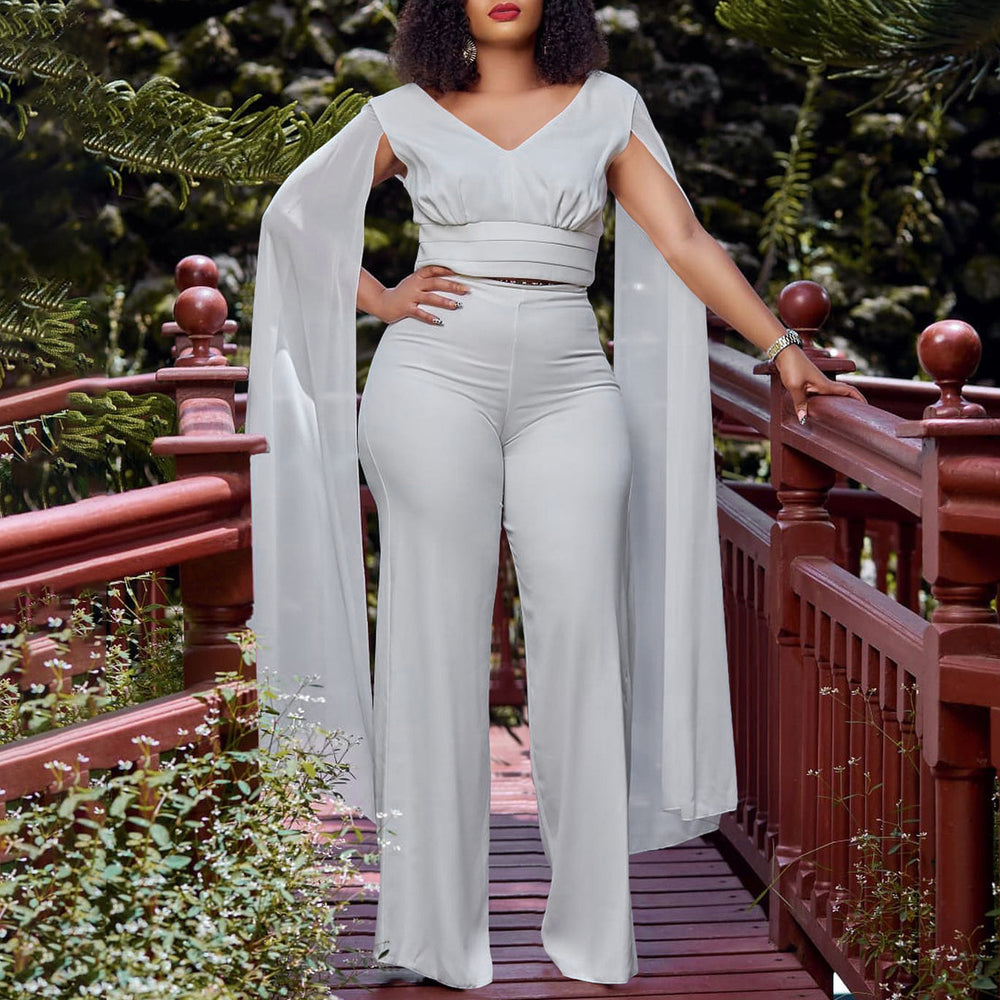 C8561 european and american style fashionable elegant commute v-neck top and wide-leg pants two-piece set, plus size african export outfit