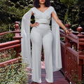 C8561 european and american style fashionable elegant commute v-neck top and wide-leg pants two-piece set, plus size african export outfit