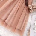 new girls' long-sleeve turn-down collar solid color mesh dress with woven belt
