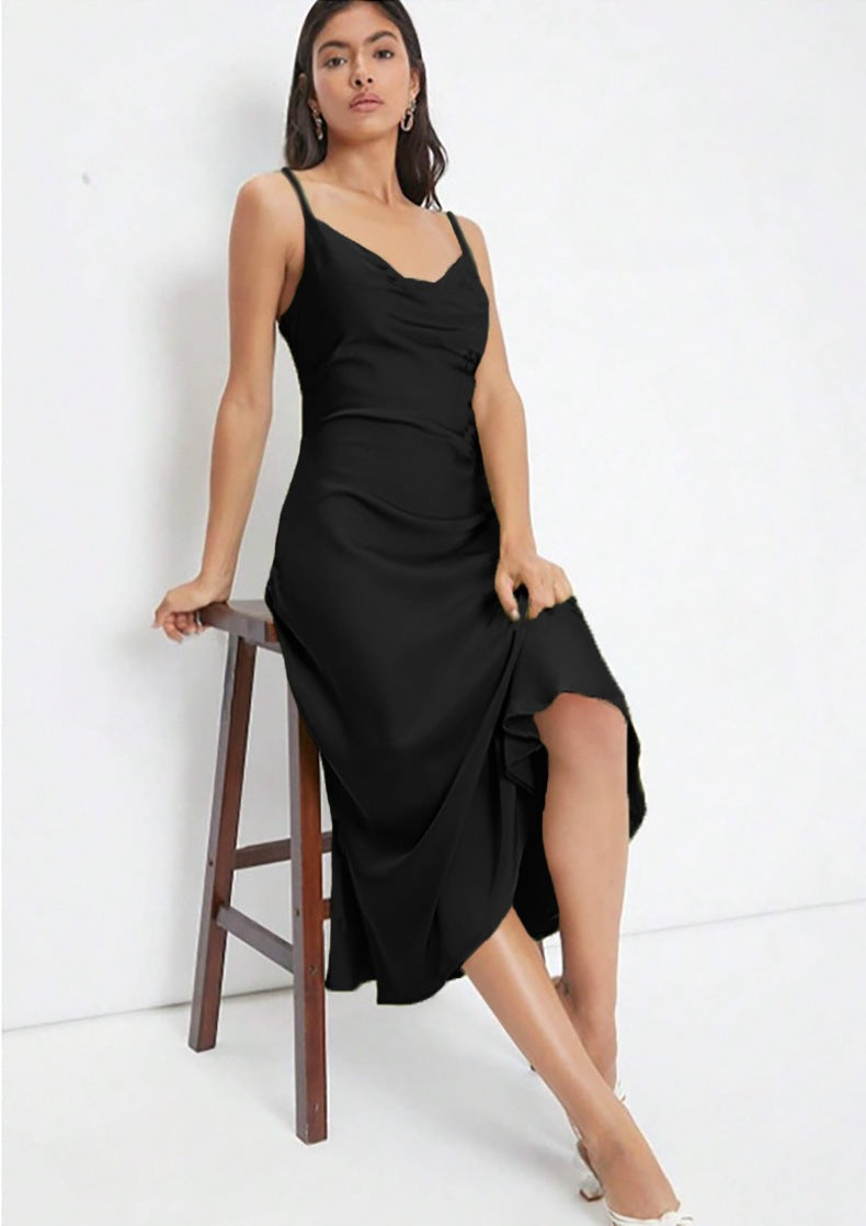 women's fashion: european and american  spring/summer new collection - satin cami dress with deep v-neck, slim fit, and solid color