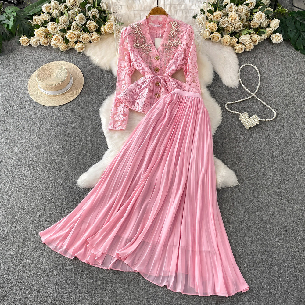 French chic lace v-neck cardigan & high-waisted pleated skirt set - autumn's elegant & sophisticated two-piece