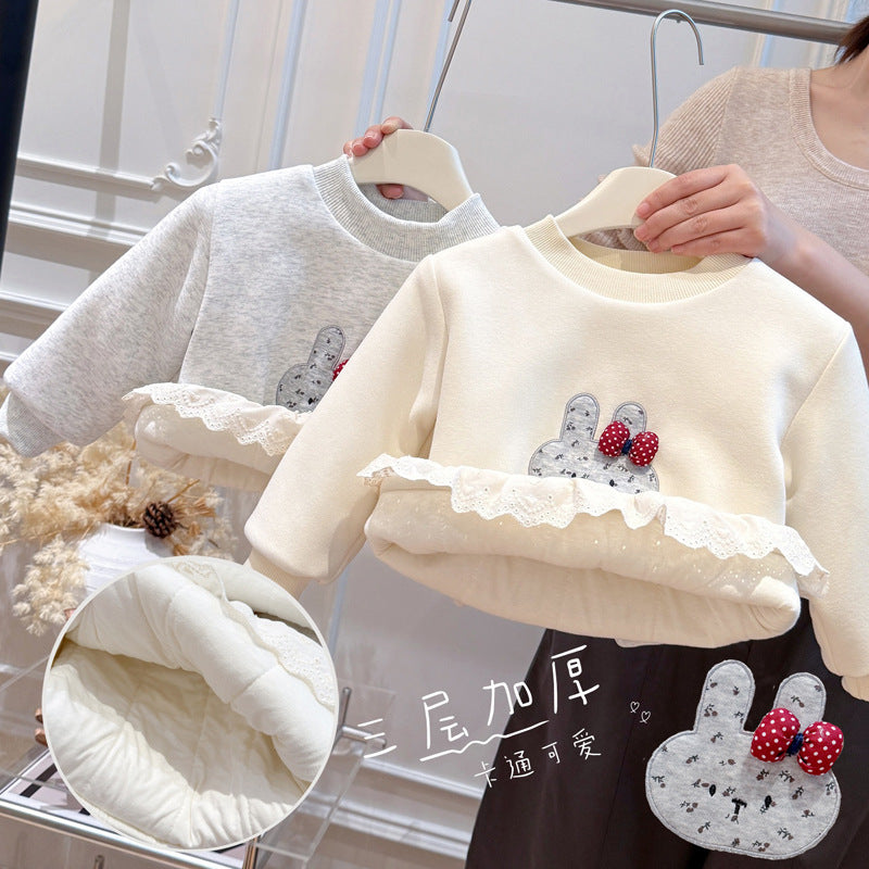 New autumn/winter girls' three-layer thickened sweatshirt - trendy base layer long sleeve top - kids' casual clothing