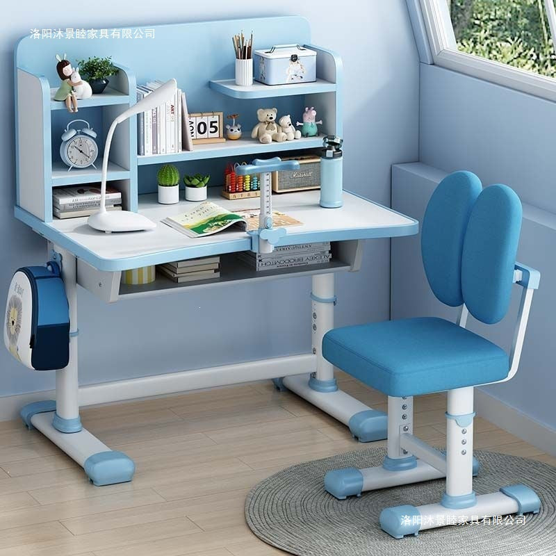 Student home desk set - kids' study table with bookshelf, adjustable height, storage, and chair combination