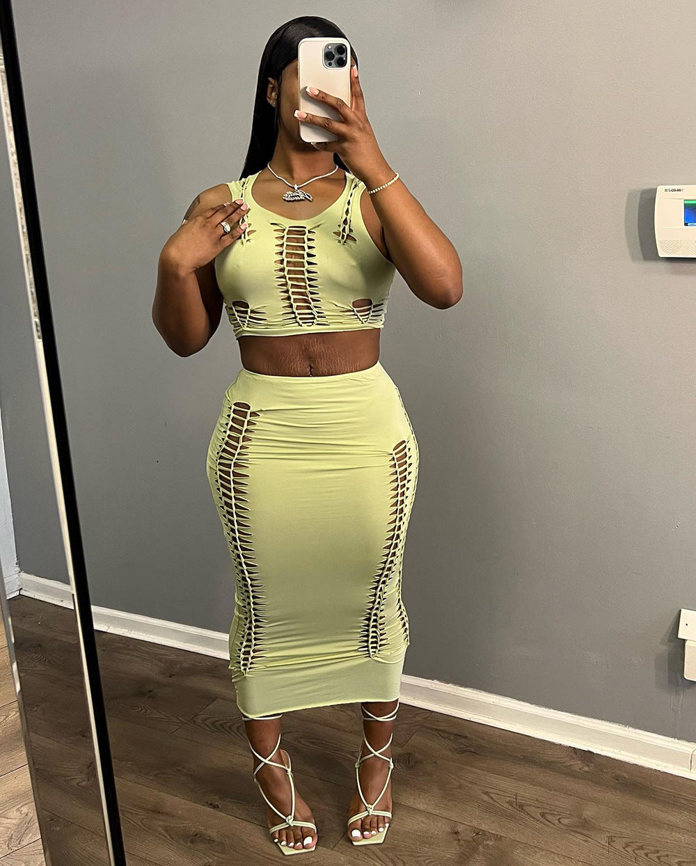 European and american style cross-border women's clothing  summer new sexy hot girl hollow-out round neck tank top bodycon midi skirt set