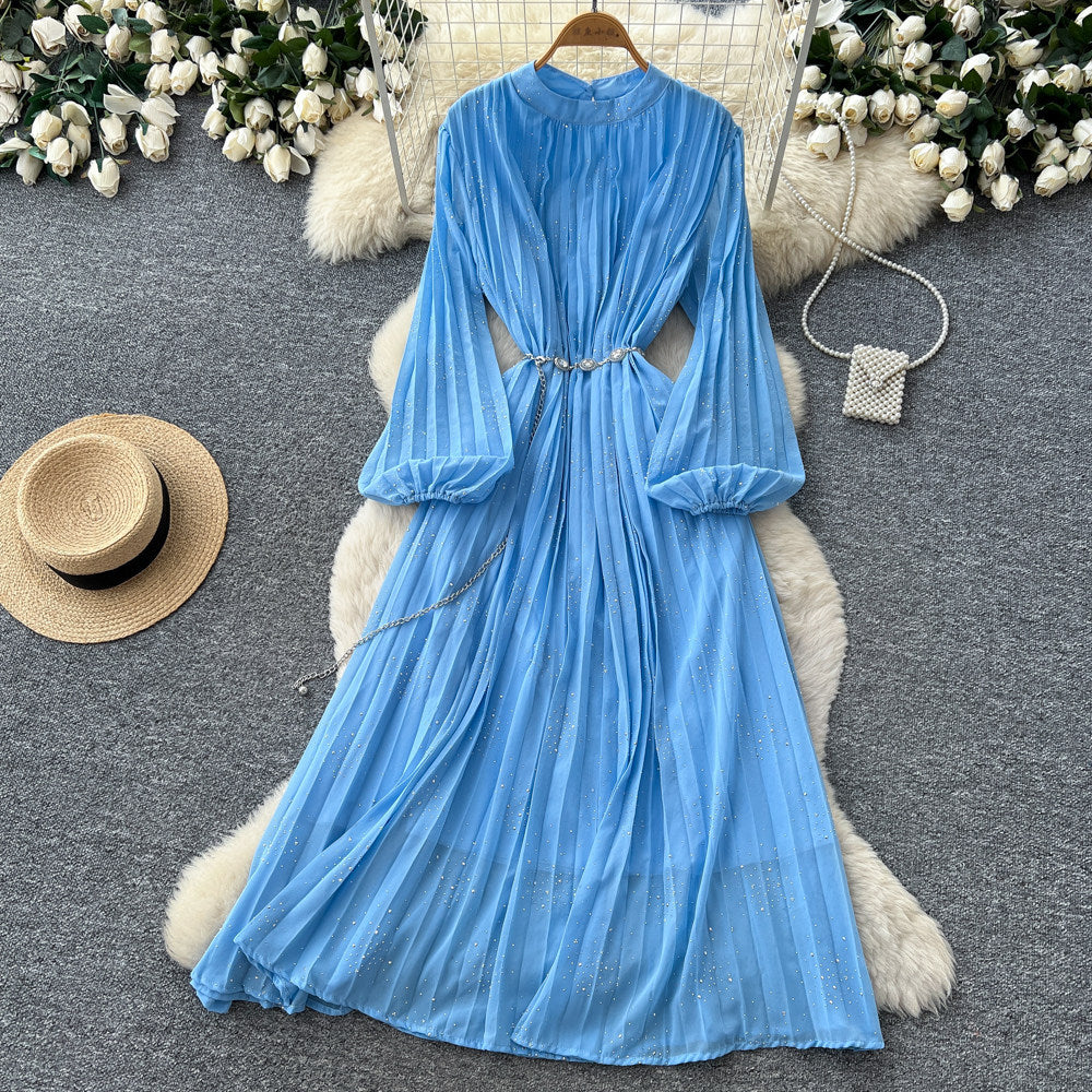 French style pleated bodycon dress - women's spring long sleeve a-line dress - cinched waist, elegant and gentle long dress