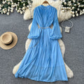 French style pleated bodycon dress - women's spring long sleeve a-line dress - cinched waist, elegant and gentle long dress