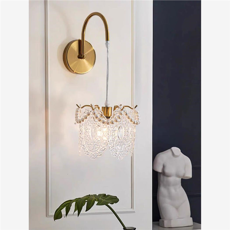 French cream style glass feather wall lamp - bedroom, bedside, living room, background wall, popular corridor, light luxury lighting fixture