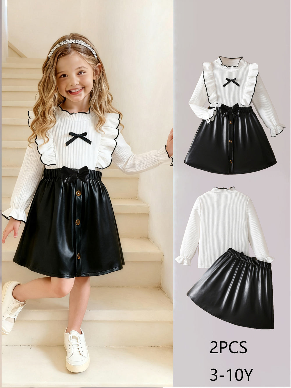 girlsuitwhiteknittingtops flying sleeves lace leather skirt bowskids skirt two-piece set