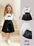 girlsuitwhiteknittingtops flying sleeves lace leather skirt bowskids skirt two-piece set