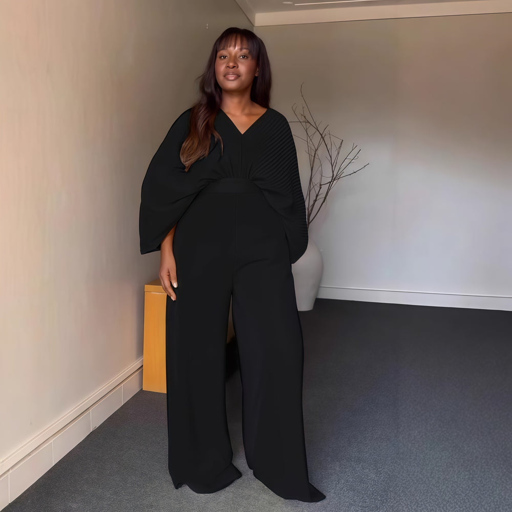 European and american cross-border women's fashion:  autumn new collection - solid color v-neck pleated loose top and high-waisted straight-leg pants two-piece set