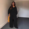 European and american cross-border women's fashion:  autumn new collection - solid color v-neck pleated loose top and high-waisted straight-leg pants two-piece set