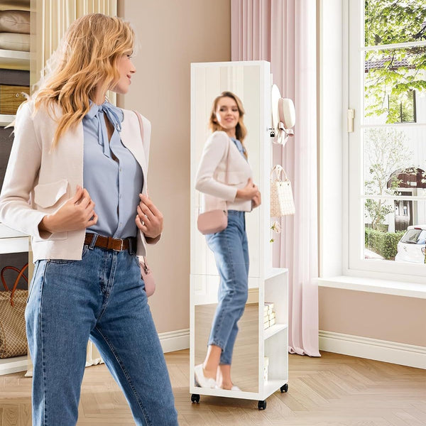 Full-body mirror rotates 360 degrees, dressing mirror, fitting mirror with roller, movable makeup cabinet, jewelry storage, locker