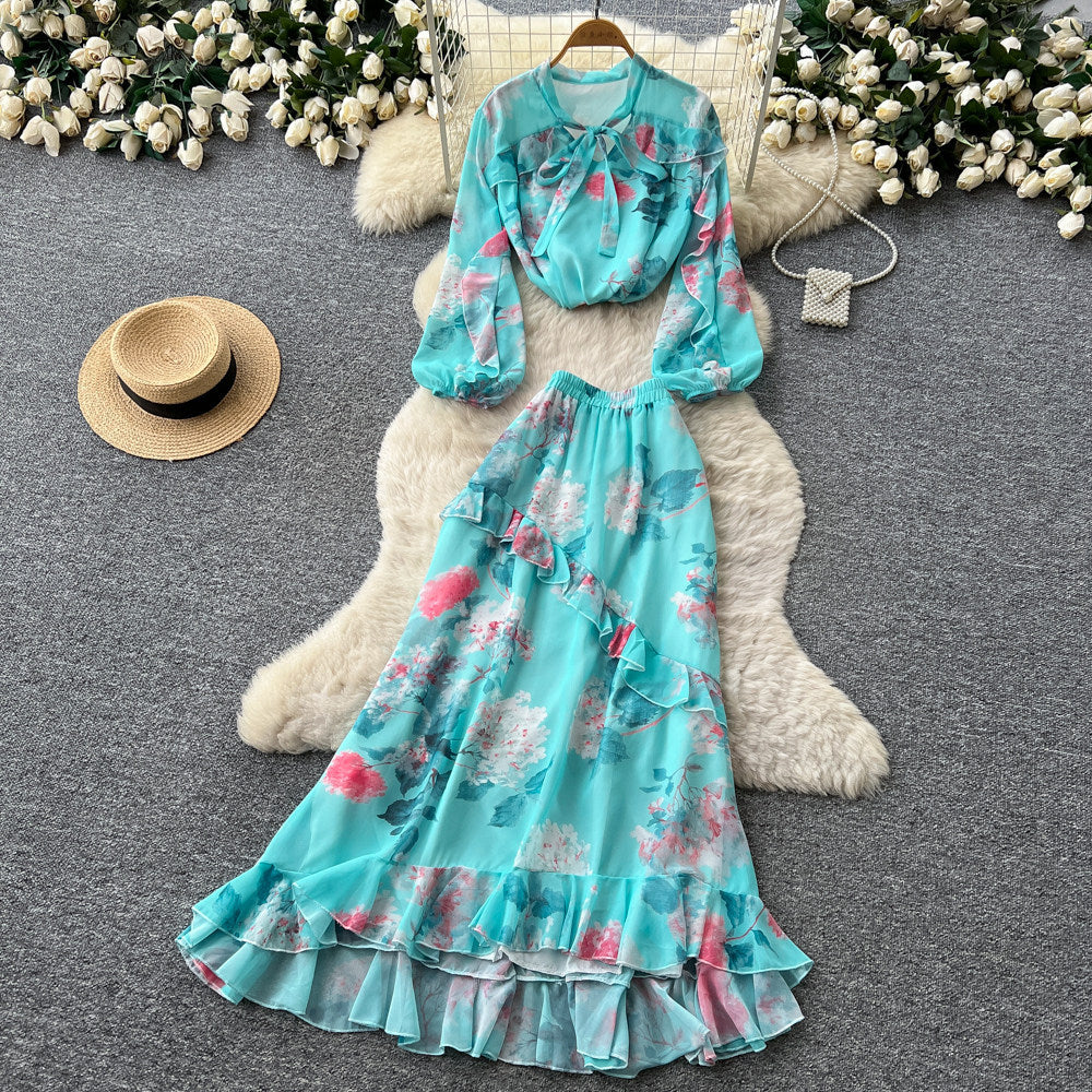 French print slim-fit two-piece set for women - autumn ruffle hem a-line skirt, commute-ready, elegant vacation style outfit