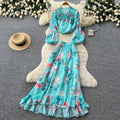 French print slim-fit two-piece set for women - autumn ruffle hem a-line skirt, commute-ready, elegant vacation style outfit