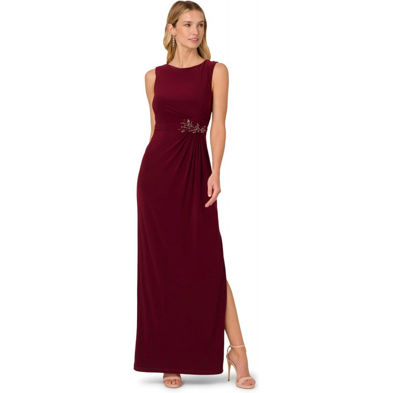 Amazon  summer fashion elegant wine red brocade embellished round neck dress for women