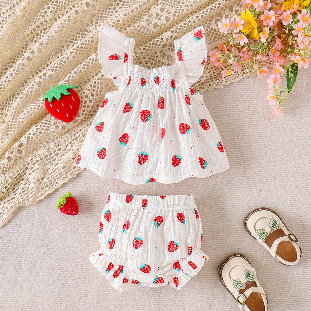 Kids clothing: cross-border sourcing - european & american style girls' outfit - strawberry print pink top + shorts set