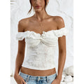 Women's white lace off-the-shoulder backless ruffle twist knot crop top, women's summer fashion apparel
