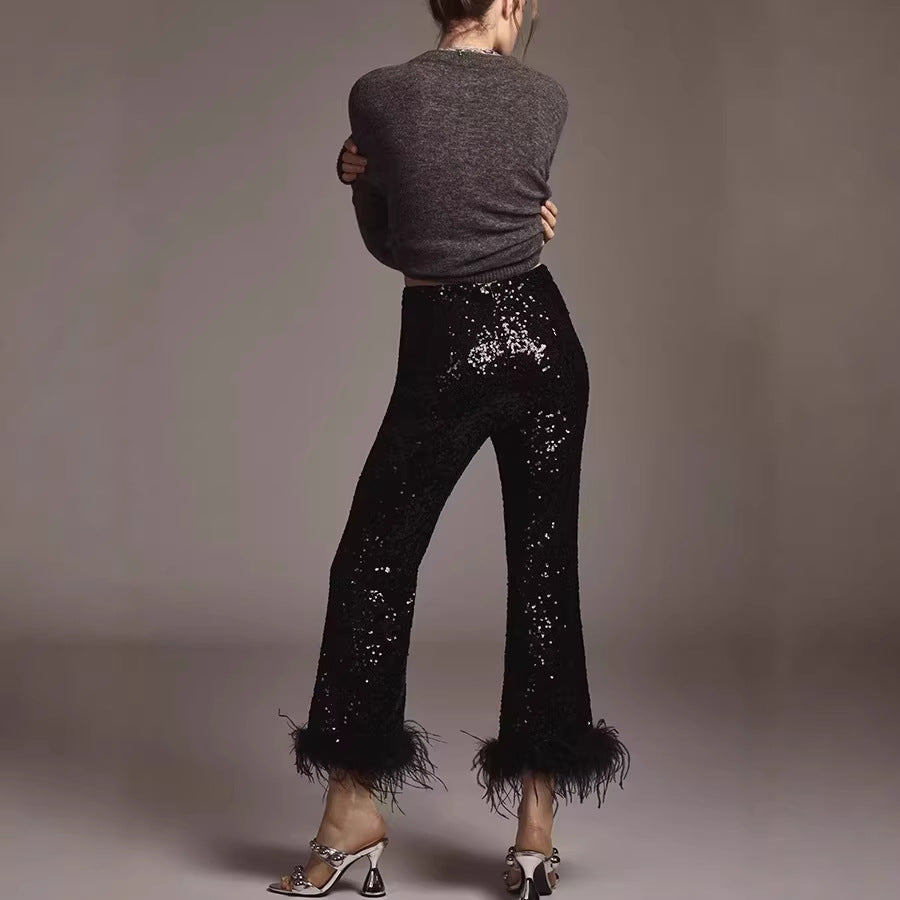 slimming independent station  european and american women's clothing sequinpants raw edge decoration fashion low waist nightclub pants
