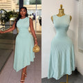 French sleeveless knittingdress women's water ripple hip cover long skirt summer slant neck ice silk asymmetrical a-line skirt