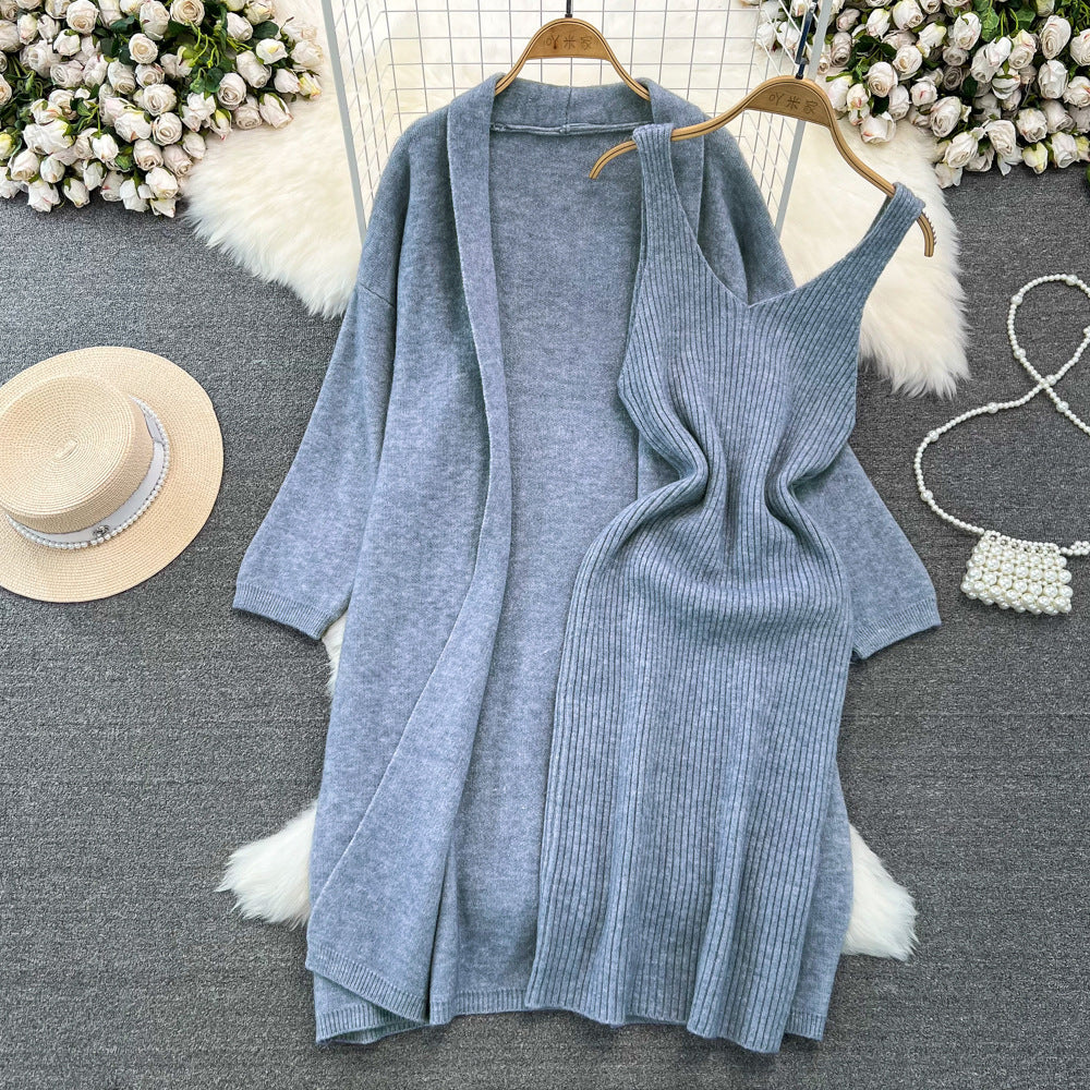Soft and lazy style easiest for matchloose medium longknittingsweateroutweartwo-piece setv neck vest hip-covering dress