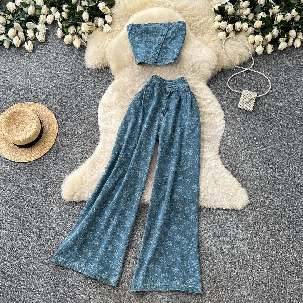 Pure desire style denim suit women's summertwo-piece setprintingtube top vesthigh waistloose pantsslimming lookwork clothing style