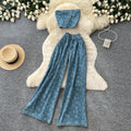 Pure desire style denim suit women's summertwo-piece setprintingtube top vesthigh waistloose pantsslimming lookwork clothing style