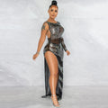 X5622   fashion sexy nightclub rhinestone single long sleeve asymmetrical slit maxi dress