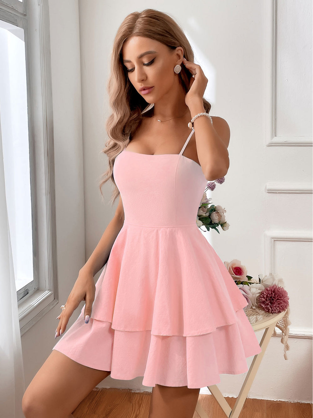 summer pure cotton square neck camisole a-line mini dress - sweet, fresh, high-waisted, bow-tie, slim-fit dress