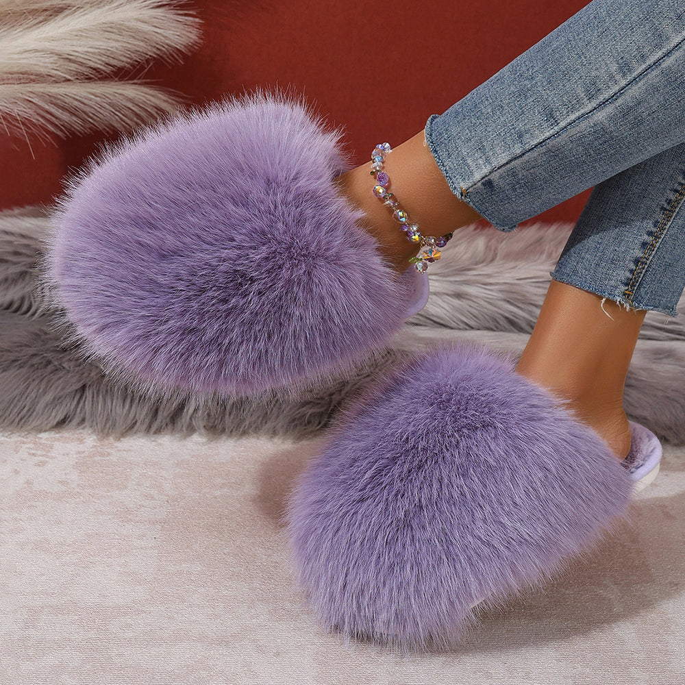 plus sizepure color fluffy large fur slippers soft bottom winter toe-cap home heattech multi-color cotton slippers