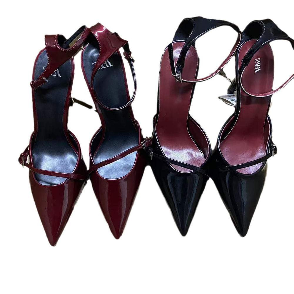Zaautum new products 2024 pointed toe shoes women's patent leather stiletto wine red women's shoes high heels buckle shallow mouth hollow sandals