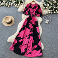 French retro floral print elegant dress - women's summer short sleeve v-neck slimming a-line maxi dress for work