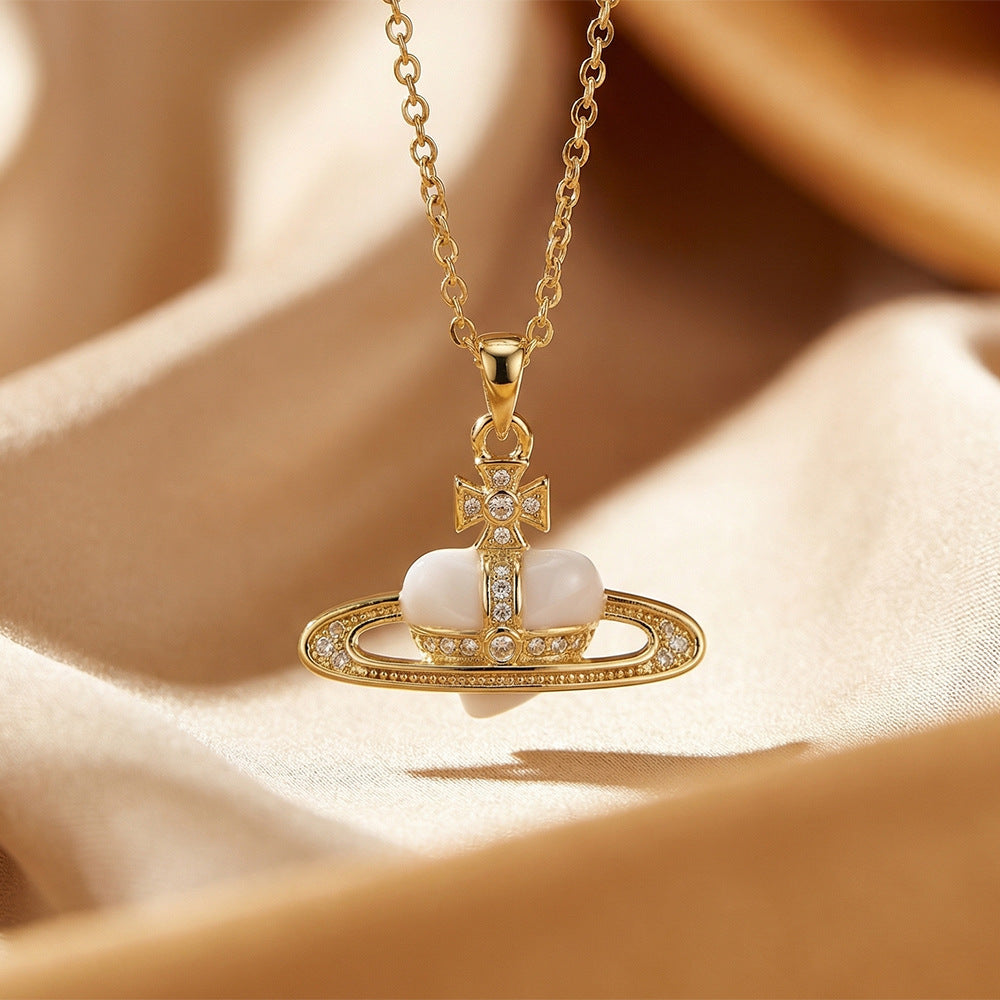 Fashionbest selling copper inlaid zirconium oil drop western queen mother saturn necklace women's accessible luxury niche styleeasiest for matchelegant collarbone chain jewelry