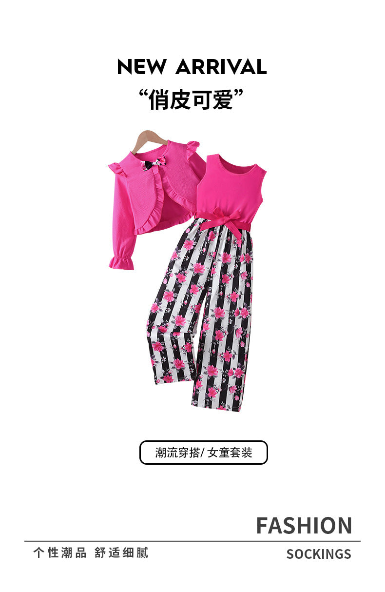 Girls' foreign trade outfit: pink lace-trimmed jacket, vest, romper, and black and white striped floral print two-piece set