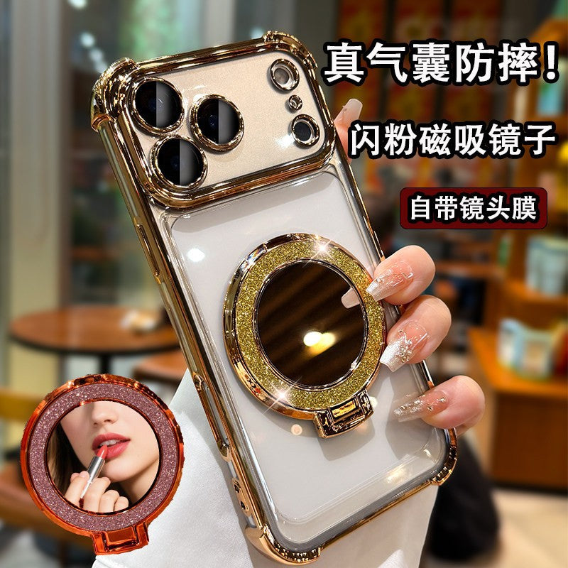 Electroplated four-corner airbag shockproof phone case for iphone 17, apple 14 glitter mirror magnetic stand protective cover