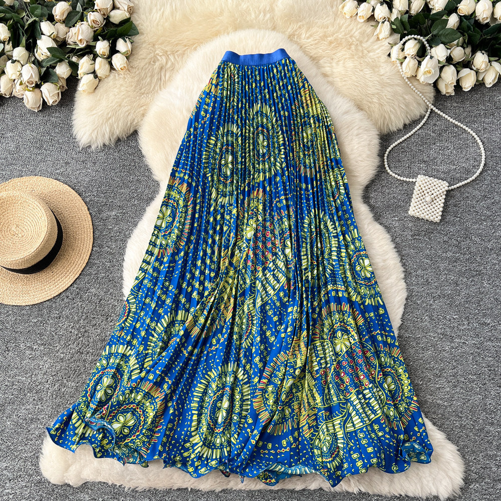 Vintage print pleated elastic waist fashion skirt - women's high-waisted a-line skirt - commute-friendly, flowy maxi skirt for summer