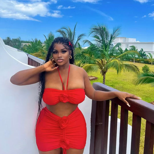 European and American women's clothing   new solid-color three-dimensional flower neck tube top, sexy short skirt set