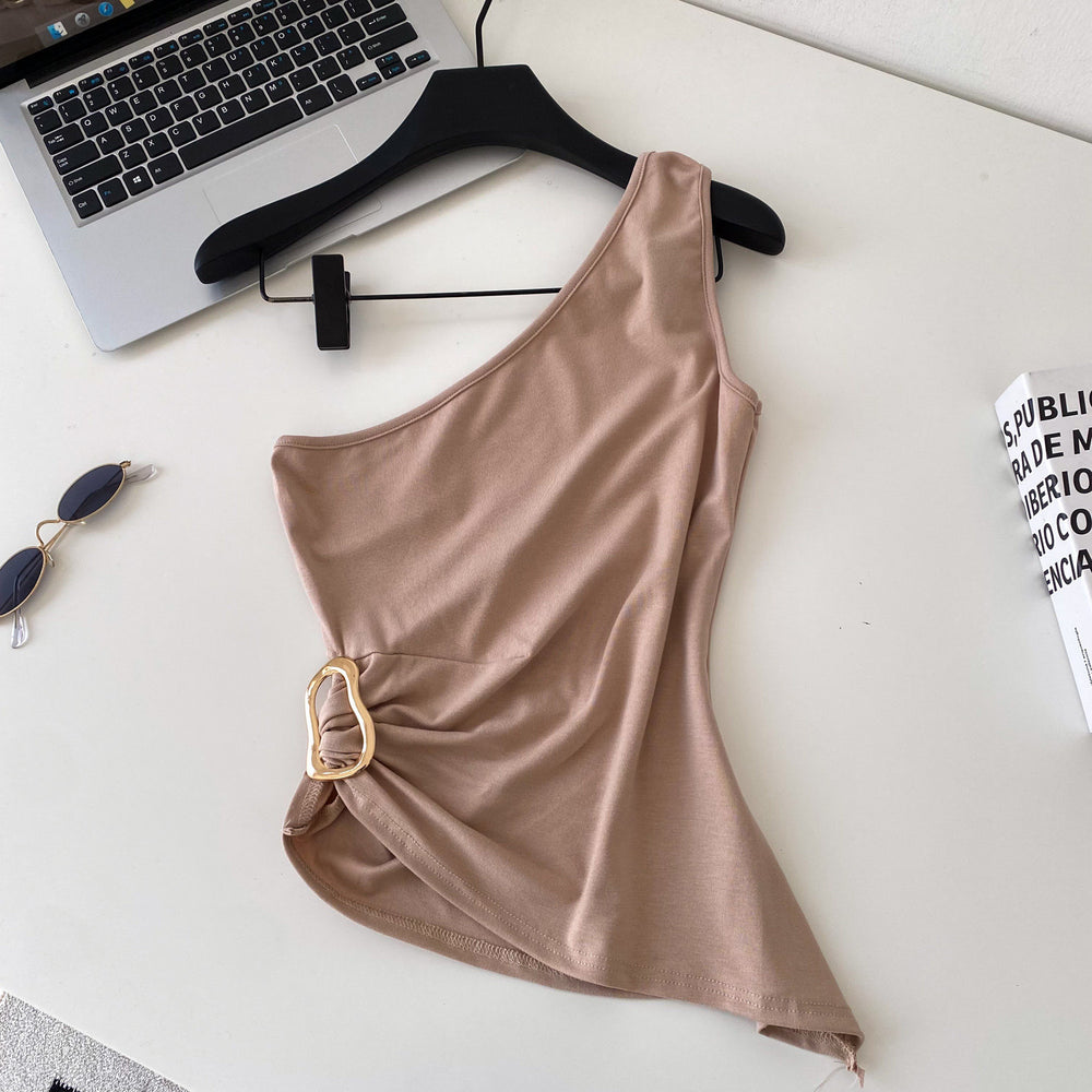 Spicy girl style asymmetrical one-shoulder minimalist camisole - women's summer slimming metallic detail outerwear top
