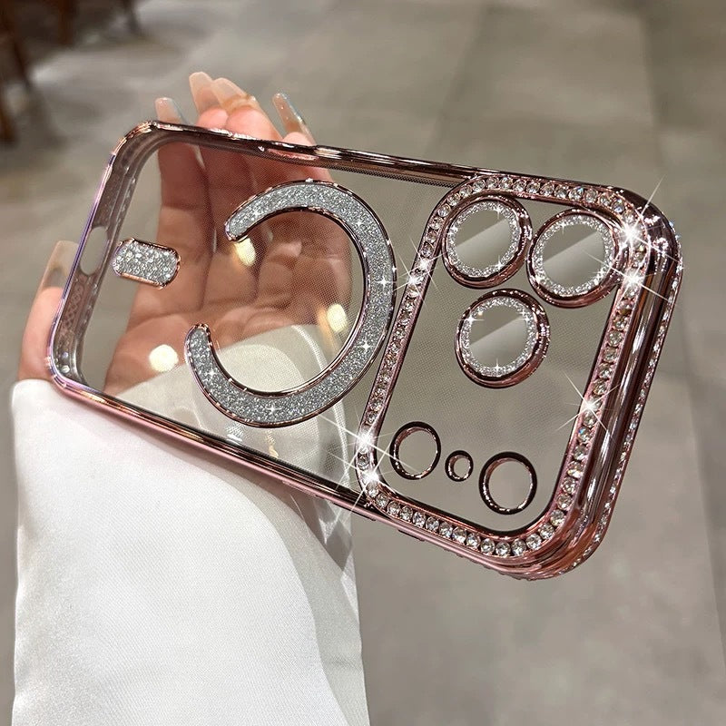 Suitable for iphone17promax mobile phone case, high-end edge diamond magnetic glitter lens film, apple 15 protective cover