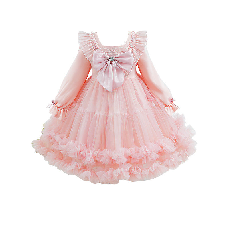 Lolita style girls' princess dress - new long sleeve satin bowknot mesh children's dress for little girls and babies