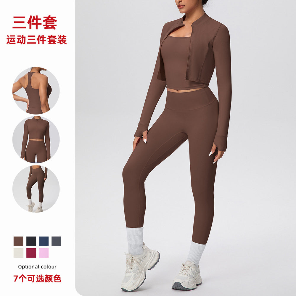 pure color brushed tight tank top nine-point long three-piece sports running fitness yoga suit